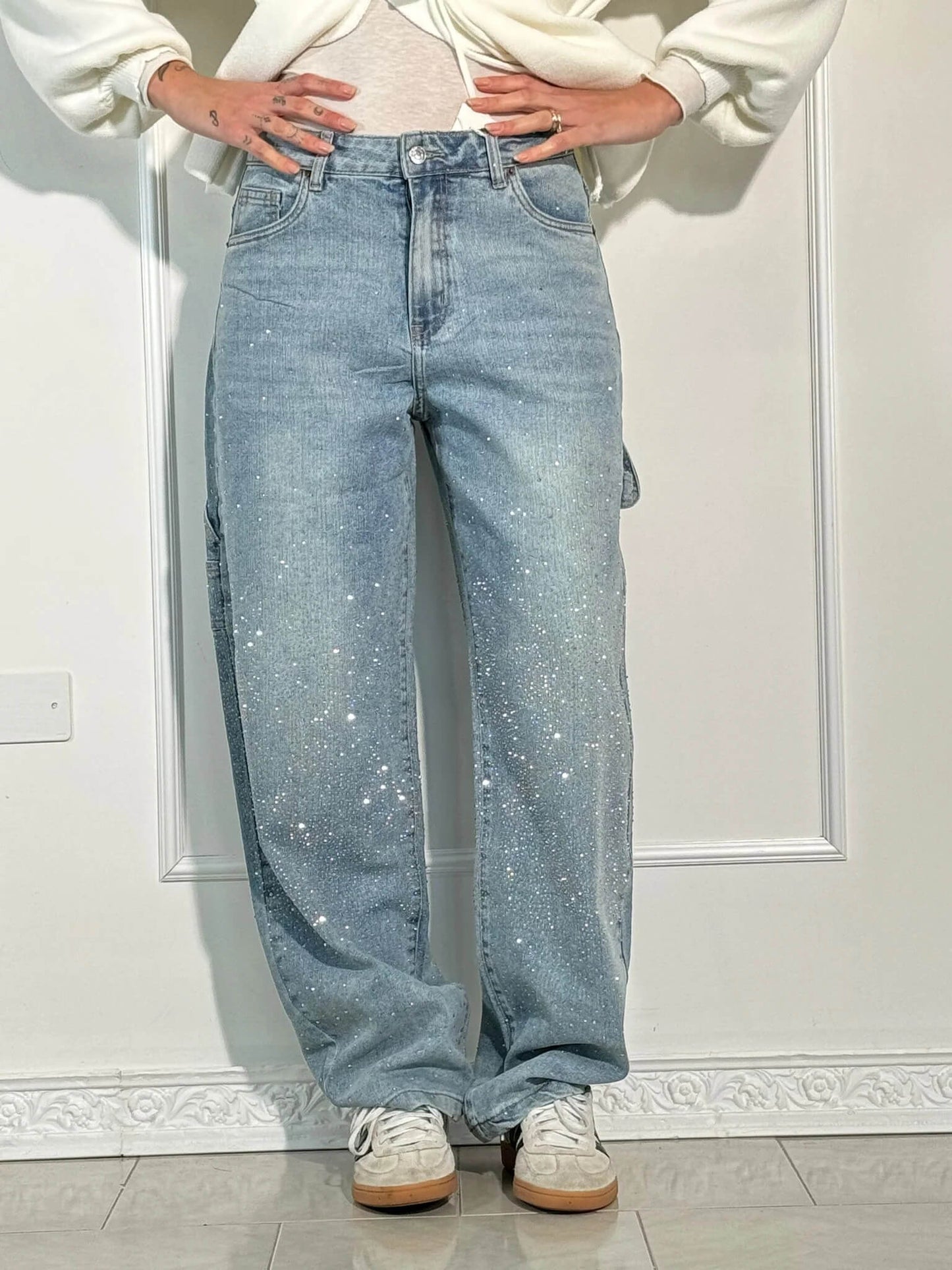 May Fashion Pants Relaxed Fit With Shiny Finishes And Rhinestone Detail For Trendy Women