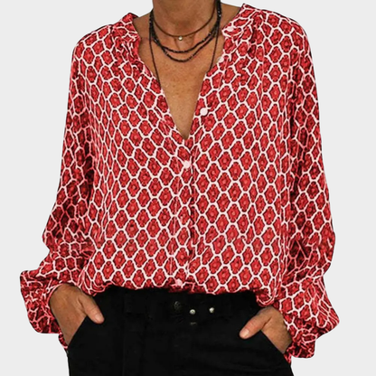 Ova Women's Long Sleeve Blouse Geometric V Neck Cotton Polyester Comfort For Work