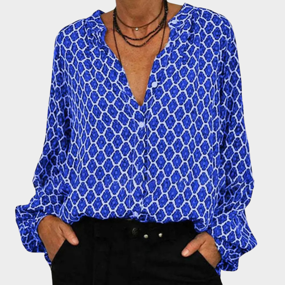 Ova Women's Long Sleeve Blouse Geometric V Neck Cotton Polyester Comfort For Work