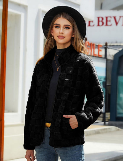 TrendAura Womens Cozy Fleece Zip Front Jacket With High Collar For Winter Warmth Everyday Wear