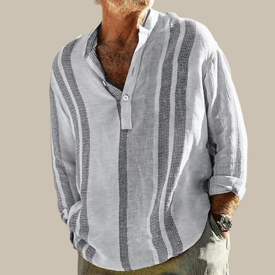 Jasper Striped Linen Look Shirt For Boho Chic Fans With Long Sleeves V Neck Mao Collar