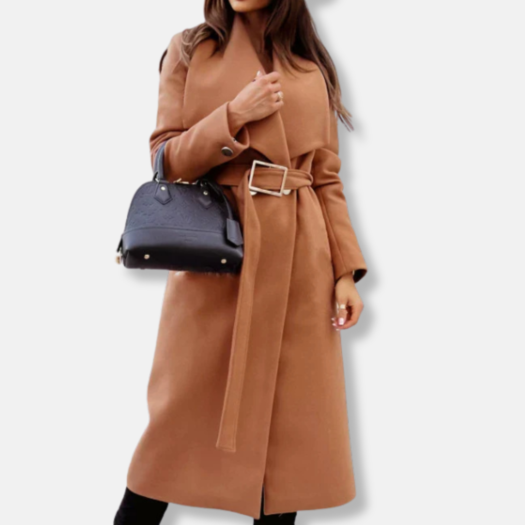 Women’s Longline Coat – Tailored Relaxed Fit – Draped Lapels – Belted with Gold Buckle