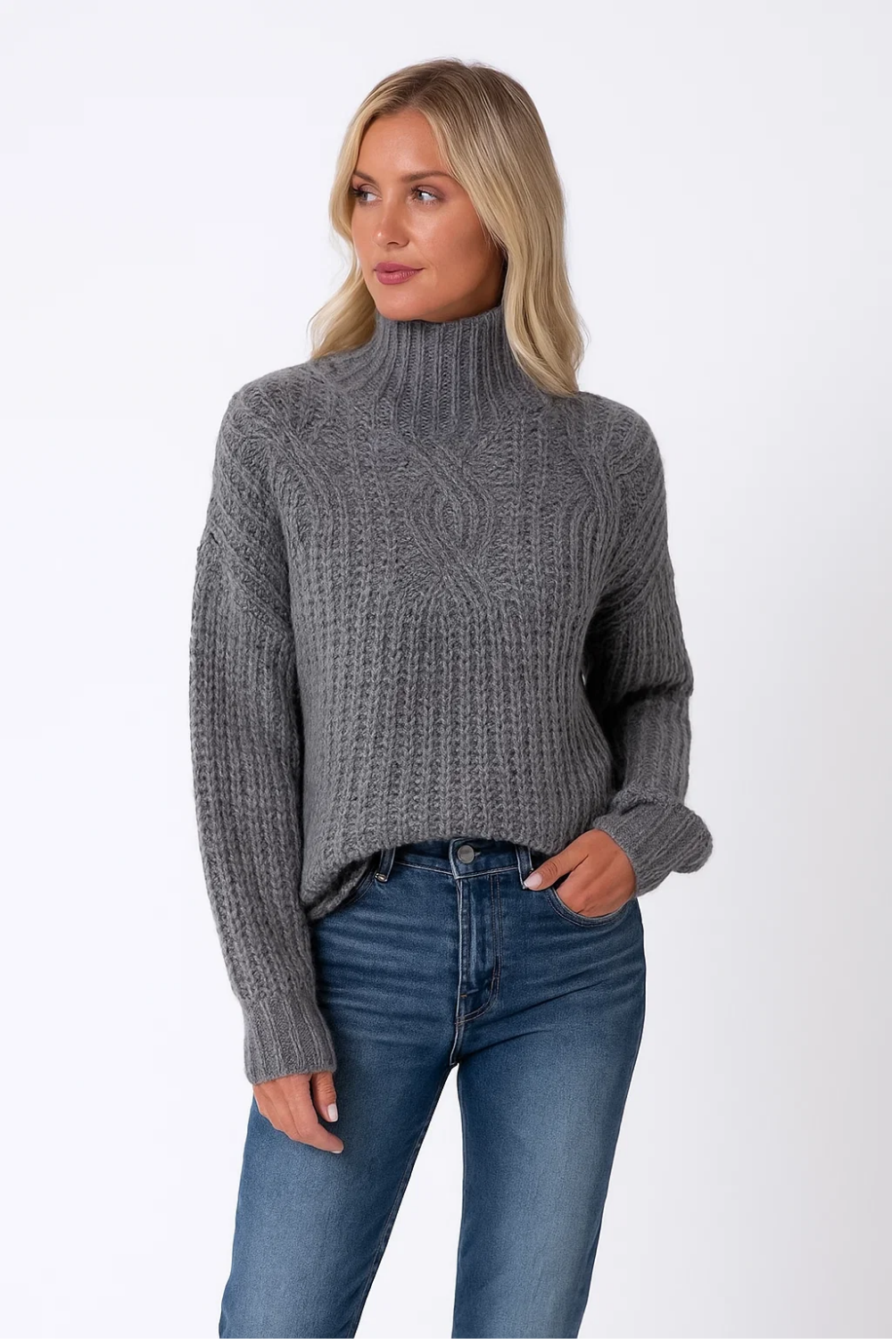 Knitted Turtleneck Sweater For Women Cozy Relaxed Fit Textured Cable Pattern High Neck Warmth