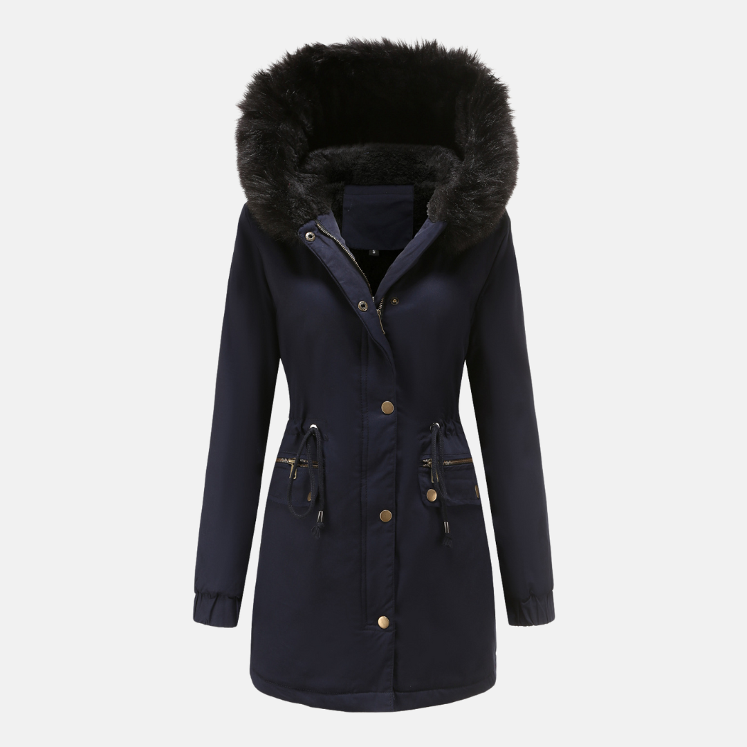 Women’s Parka Jacket – Longline Fit – Faux Fur Hood – Adjustable Waist – Weather Resistant