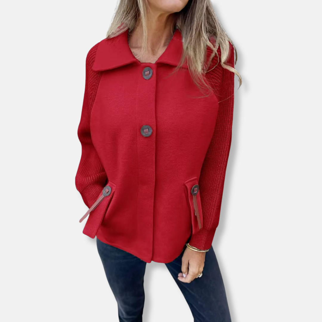 Women’s Jacket – Relaxed Fit – Textured Knit Sleeves – Lapel Collar – Button Front