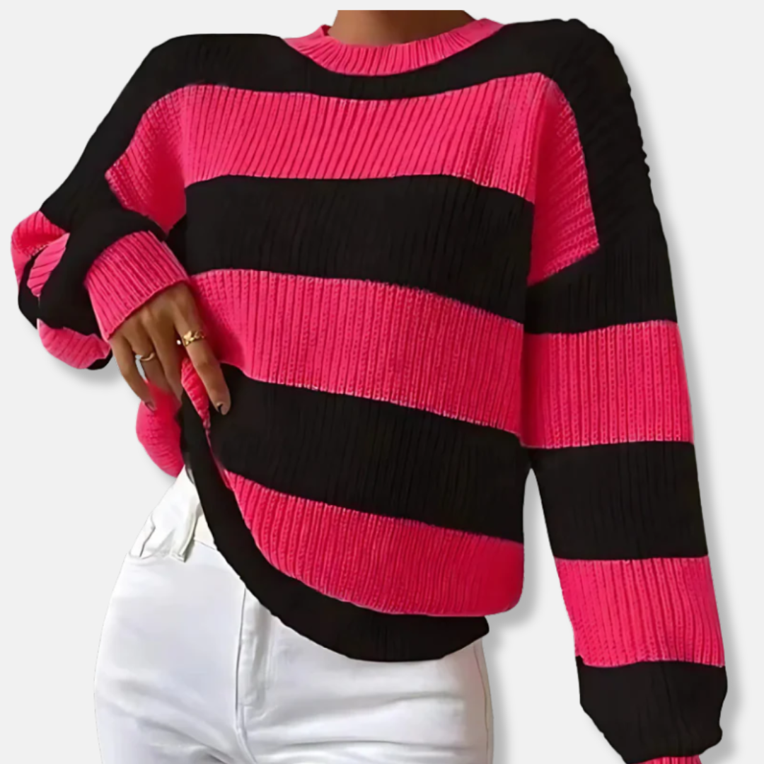 Women’s Sweatshirt – Ribbed Knit – Loose Fit – Balloon Sleeves – Round Neck – Striped