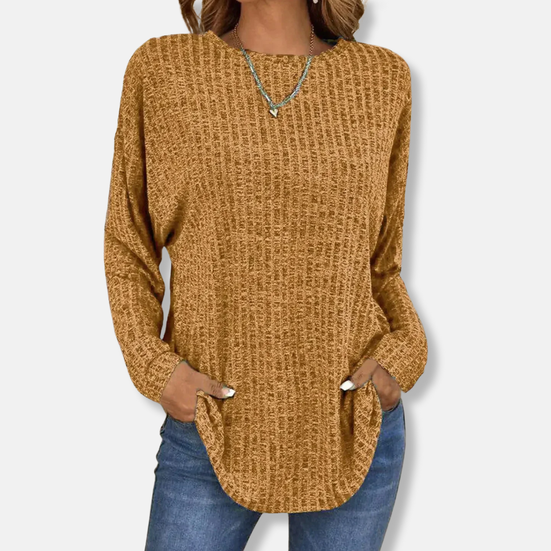 Women’s Pullover Top – Relaxed Fit – Ribbed Knit – Long Sleeve – Curved Hem