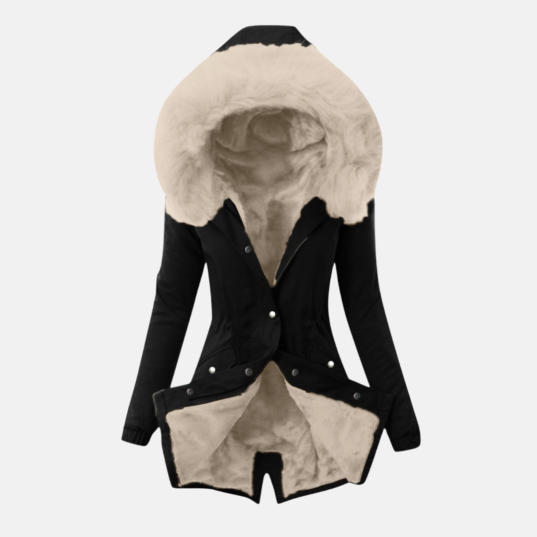 Women’s Jacket – Slim Fit – Adjustable Waist – Plush-Lined Hood – Mid-Length – Flap Pockets