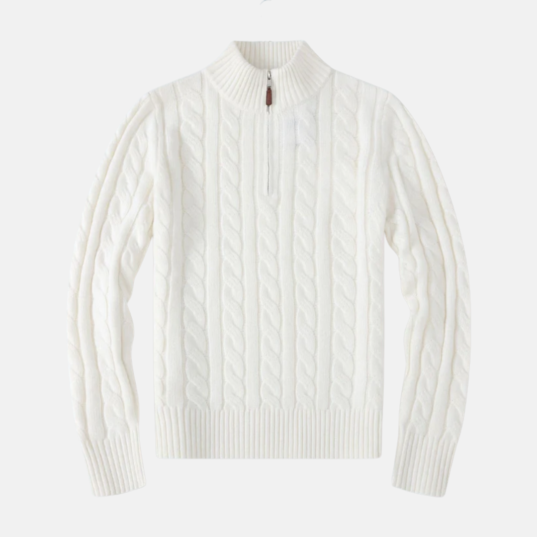 Men's Cable Knit Cotton Blend Half Zip Sweater With Stand Up Collar Regular Fit Essential