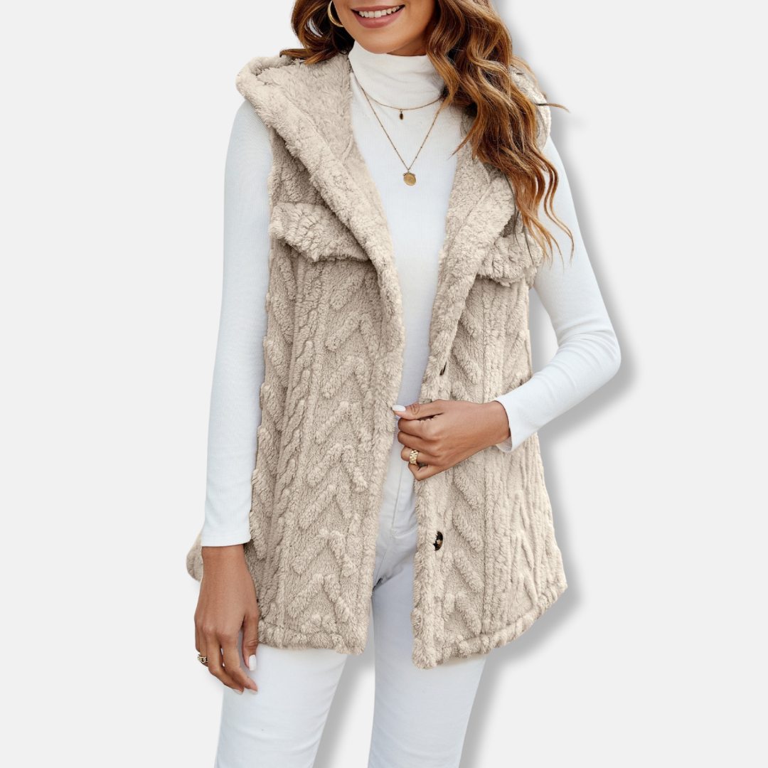 Women’s Hooded Vest – Cable Knit – Fuzzy Texture – Button Front – Relaxed Fit – Pockets
