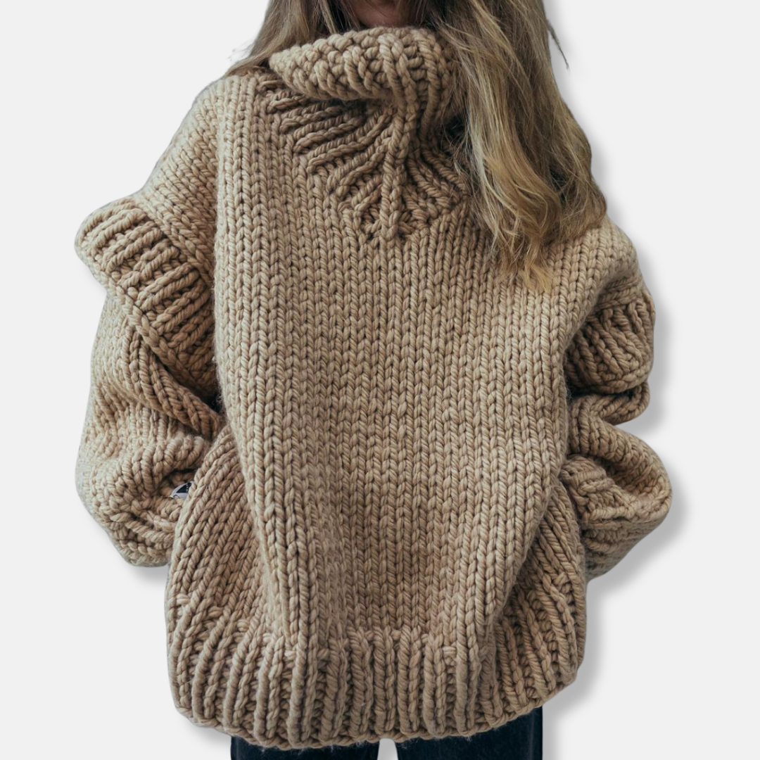 Women’s Pullover Sweatshirt – Chunky Knit Wool – Oversized Fit – Turtleneck Ribbed Cuffs