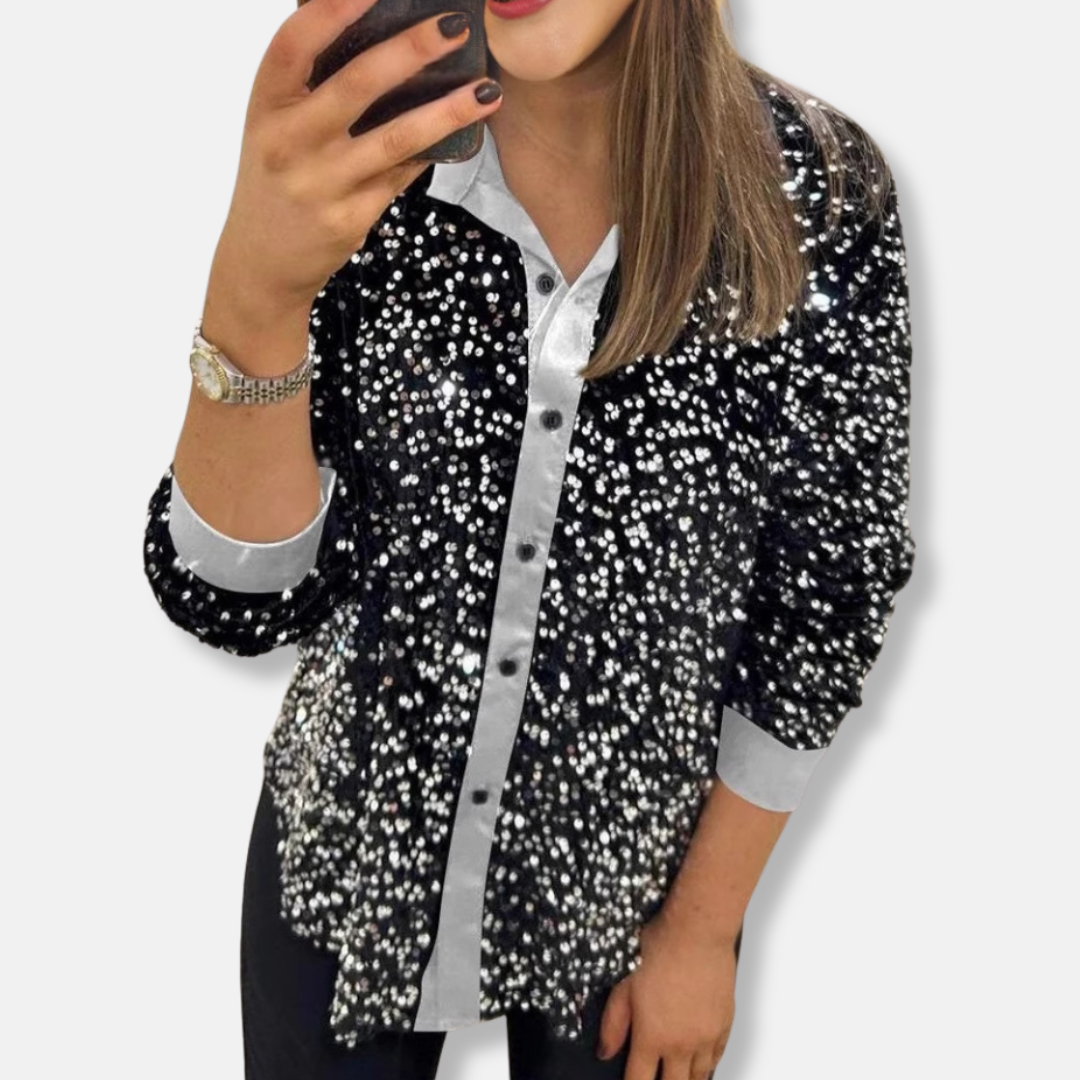 Women’s Sequin Shirt – Relaxed Fit – Button-Up – Long Sleeve Party Top