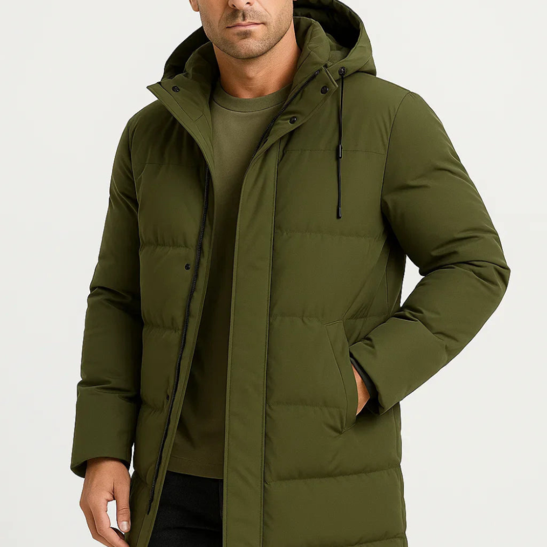 Modern Men's Hooded Insulated Coat With Padded Insulation And Adjustable Hood For Everyday Outdoor Warmth