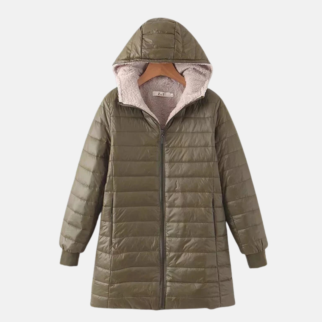 Women’s Quilted Coat – Mid-Length – Hooded – Fleece Lined – Ribbed Cuffs – Insulated