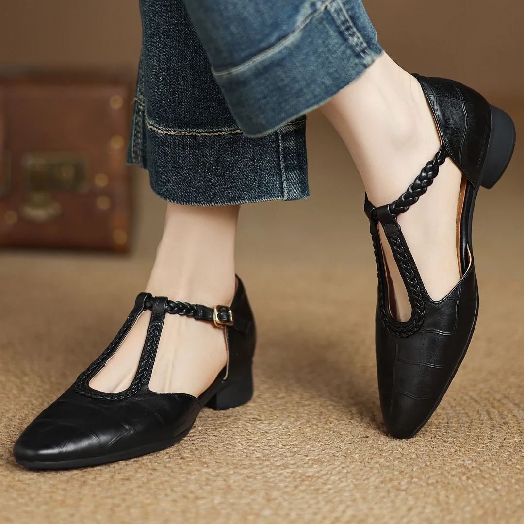 Women's T-Strap Mary Jane Flats with Pointed Toe and Classic Design