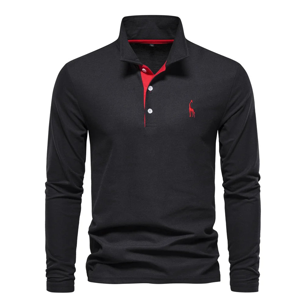 Mens Long Sleeve Polo Shirt By Designer For Professionals With Refined Deer Embroidery And Smart Design