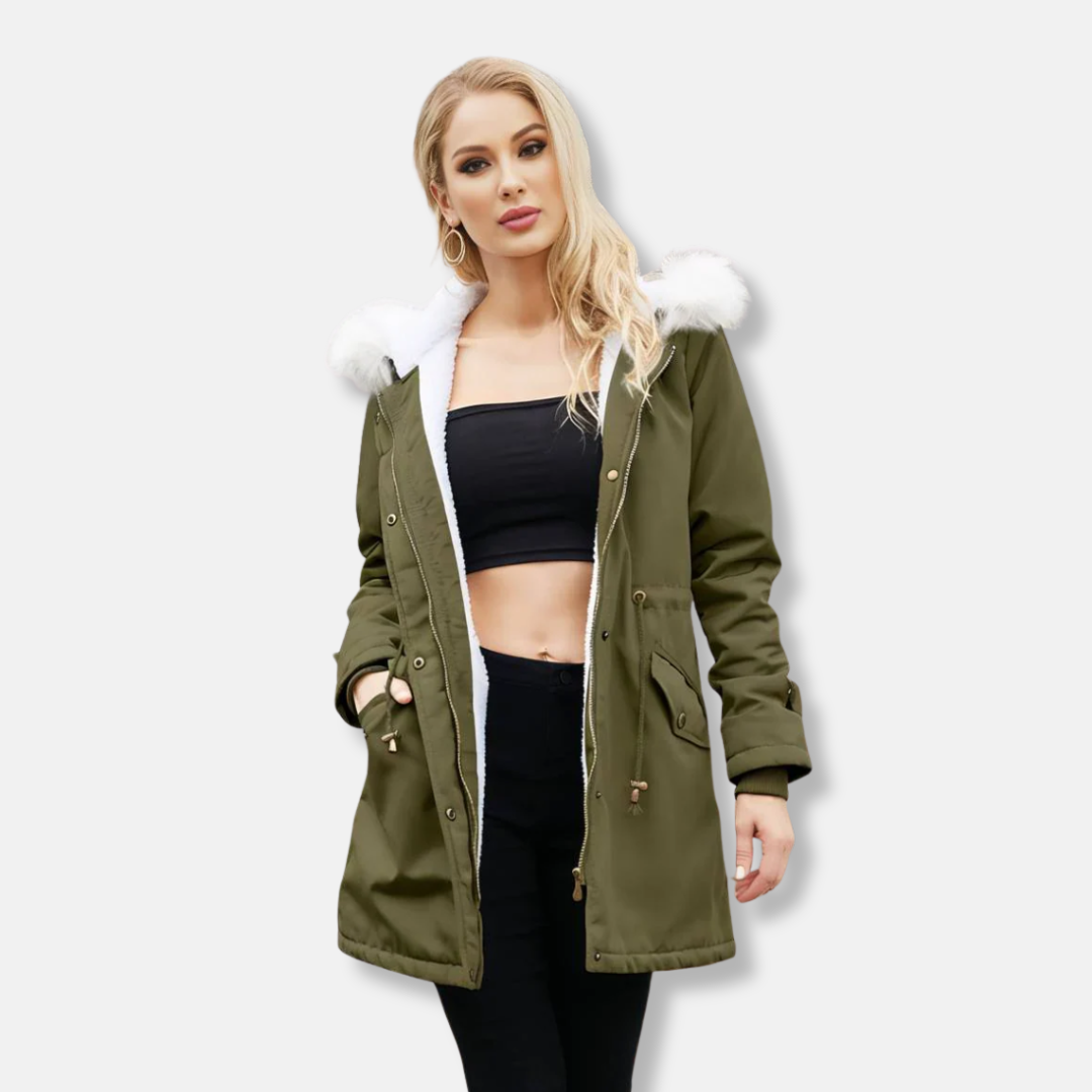 Women’s Parka Jacket - Smooth Woven Exterior - Relaxed Fit - Mid-Thigh Length - Detachable Faux Fur Trim