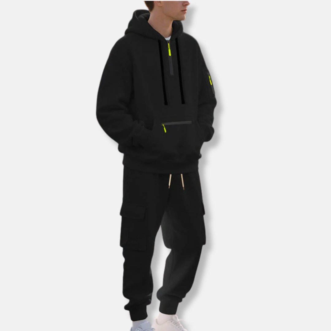 Men's Tracksuit Set With Relaxed Fit Half Zip Hoodie And Cargo Joggers With Drawstring Waist