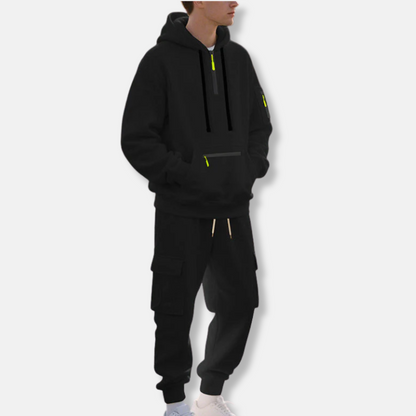 Men's Tracksuit Set With Relaxed Fit Half Zip Hoodie And Cargo Joggers With Drawstring Waist
