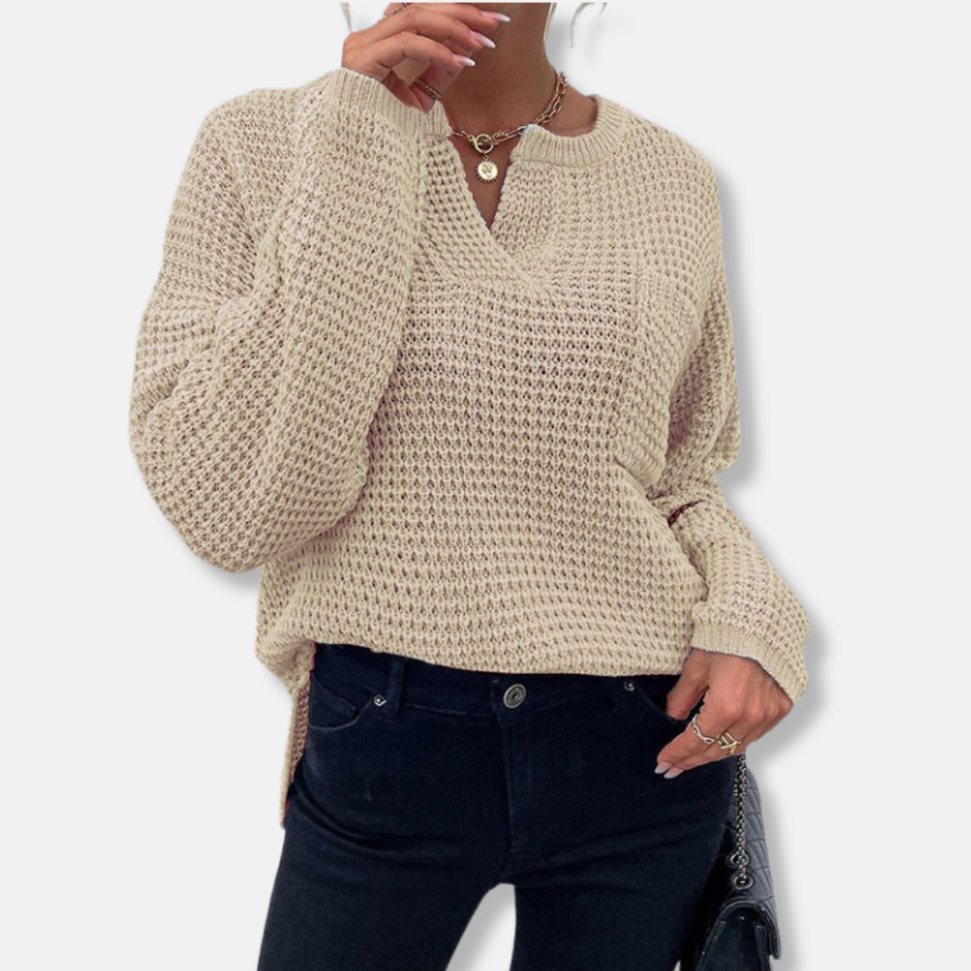 Women’s Sweater - Waffle Knit - Relaxed Fit - Notched Round Neck - Long Cuffed Sleeve