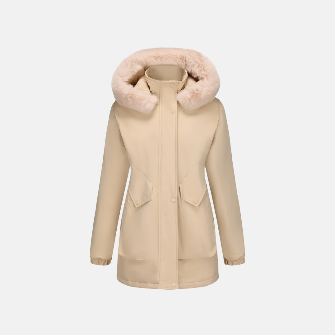 Women’s Parka Jacket – Mid-Length Fit – Faux Fur Hood – Adjustable Waist – Snap Closure