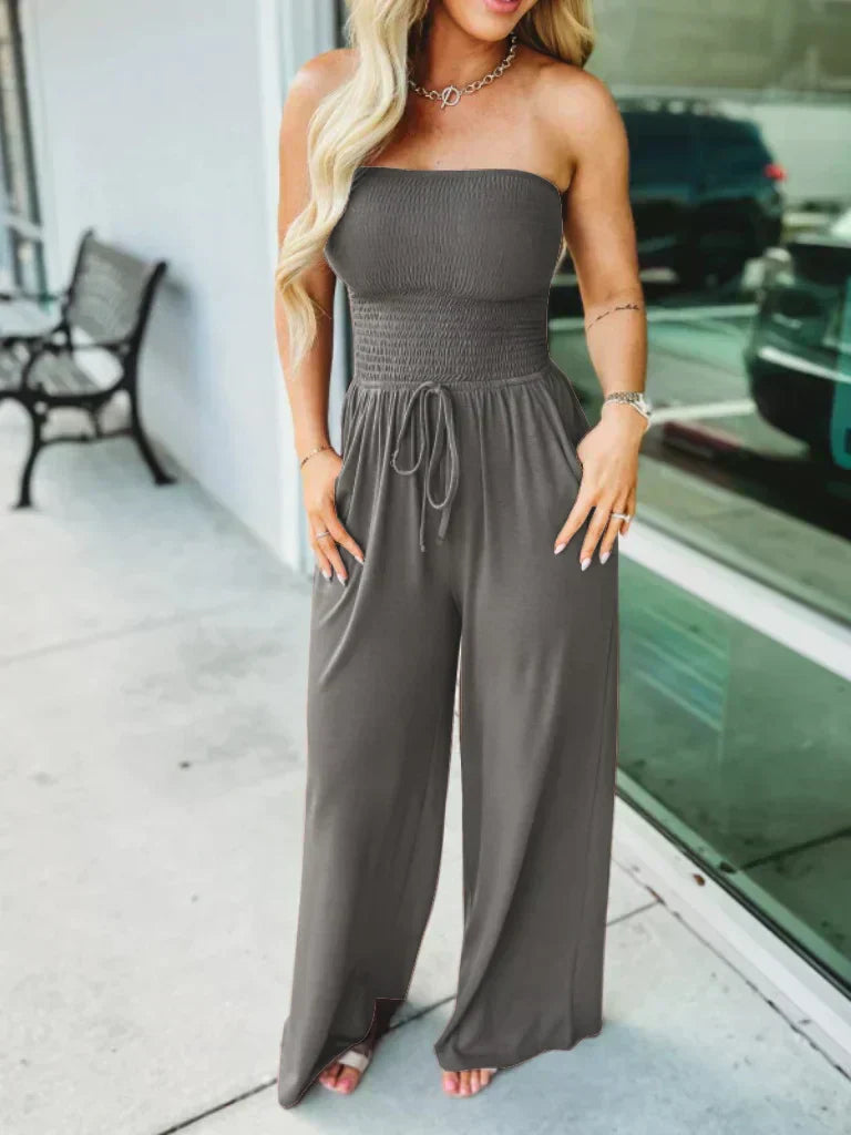 Women's Jumpsuit - Smock Top - Adjustable Waist - Wide Leg - Light and Comfortable