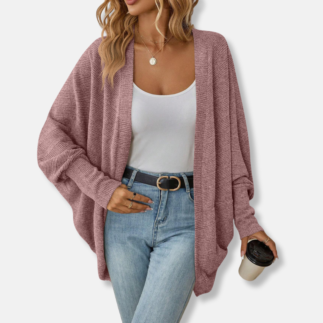 Women’s Cardigan - Ribbed Knit - Loose Fit - Batwing Sleeves - Open Front