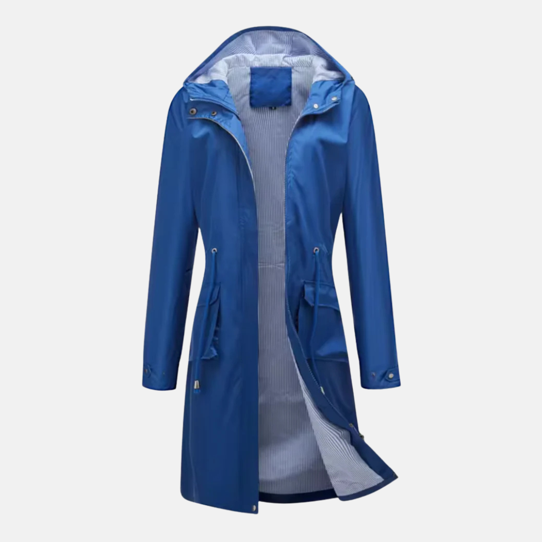 Women’s Long Hooded Jacket – Water-Resistant – Adjustable Waist – Zip Front – Flap Pockets