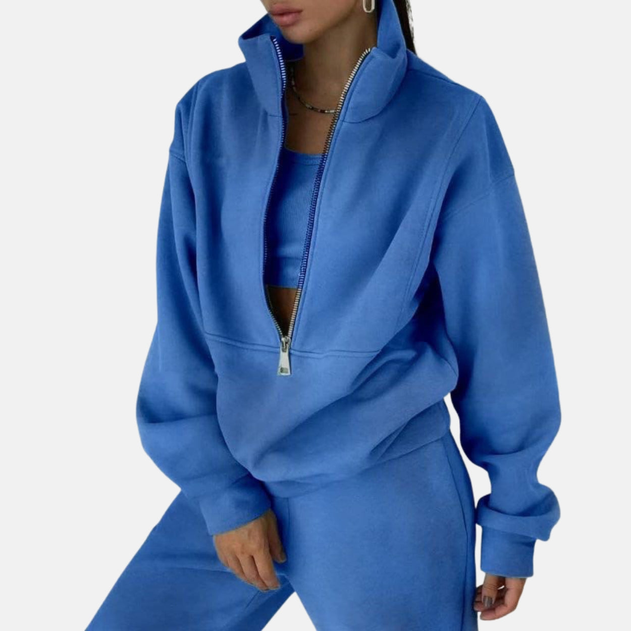 Women’s Two-Piece Tracksuit Set – Relaxed Fit – High Collar Zip Top – Cotton Blend – Full Length
