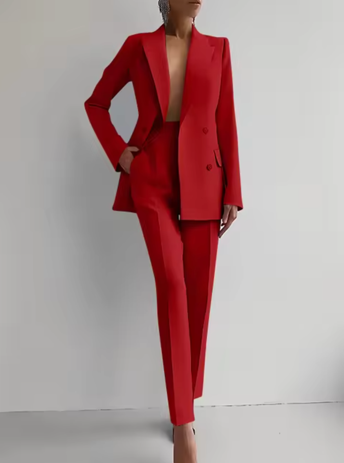 TrendAura Women Tailored Double Breasted Blazer And High Waisted Trousers Suit For Professionals