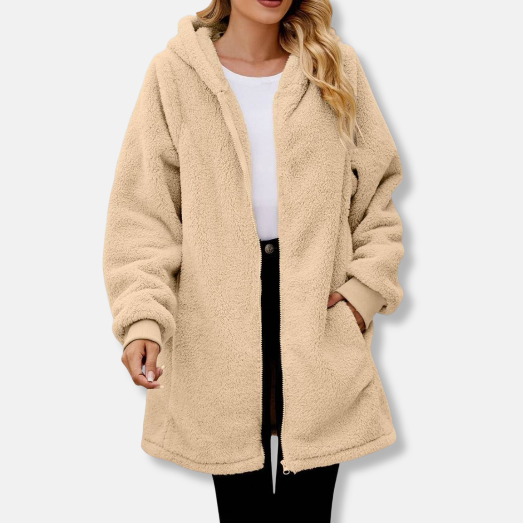 Women’s Hooded Zipper Jacket – Plush Oversized Fit – Ribbed Cuffs – Front Pockets