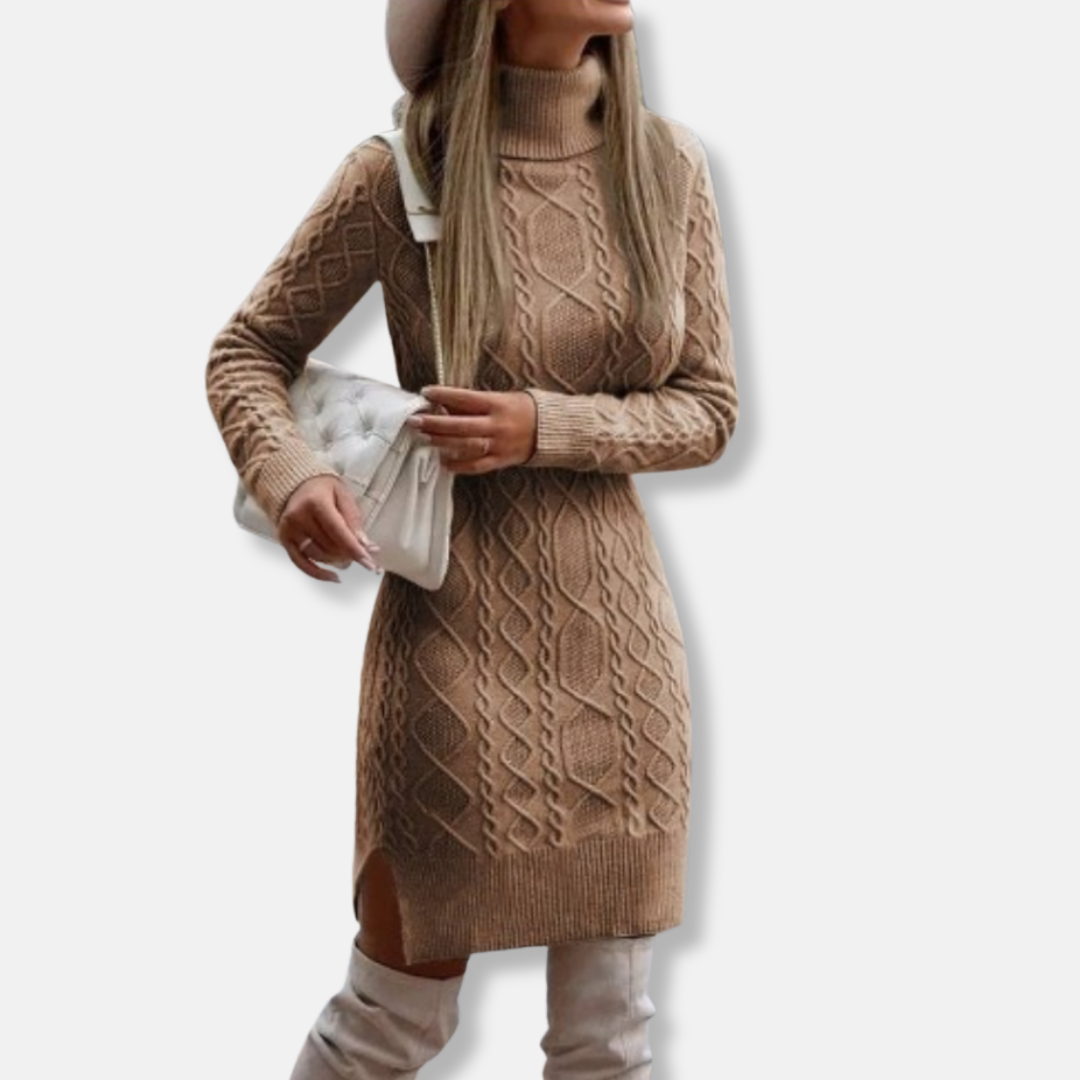 Women’s Mini Dress – Slim Fit – Wool Blend Knit – Turtleneck – Long Sleeve – Side Slit