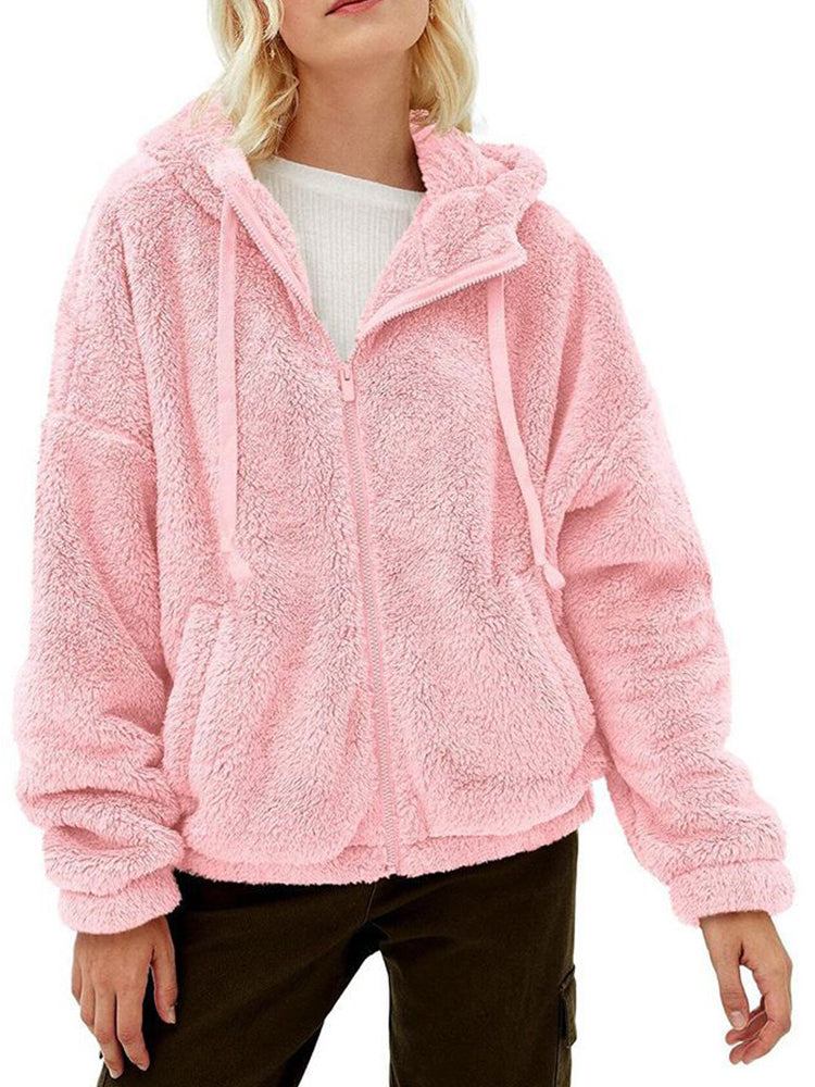 Oversized Sherpa Fleece Hoodie With Full Zip Closure For Women Cozy Warmth And Slanted Front Pockets