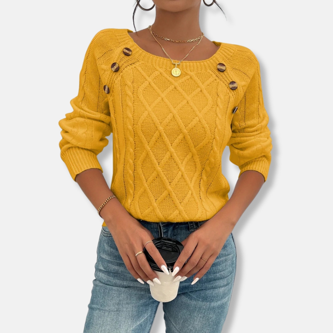 Women’s Knit Top – Relaxed Fit – Cable Knit – Dropped Shoulder – Button Accent – Ribbed Cuffs