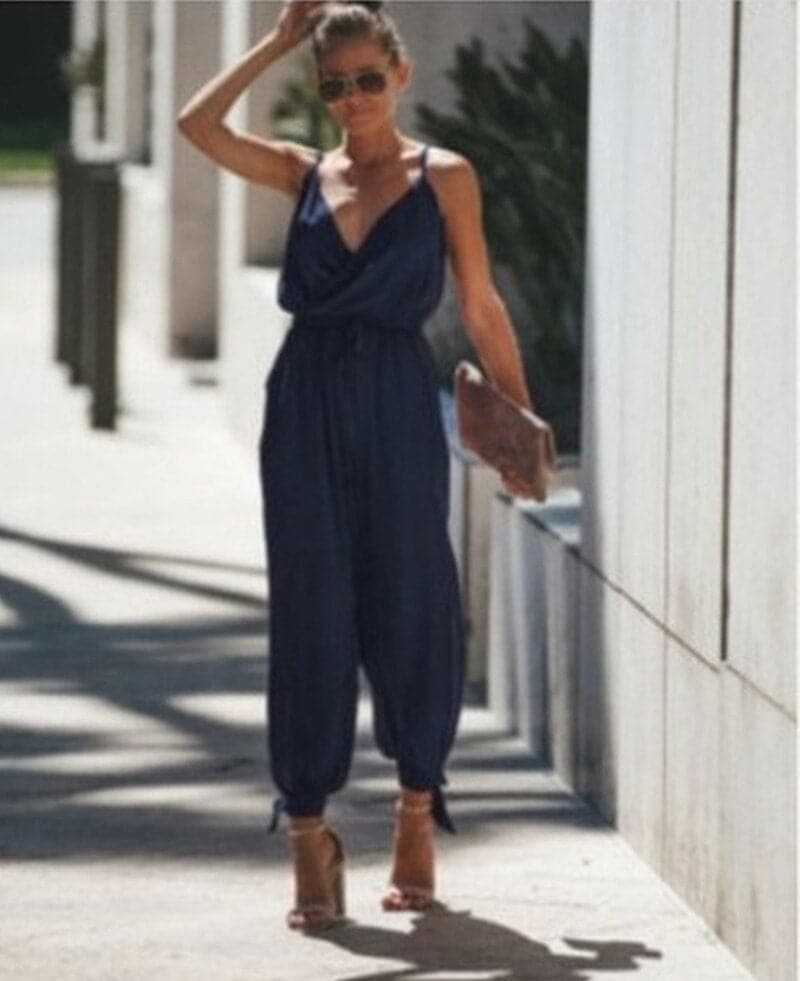 Women’s Jumpsuit – Loose Fit – Spaghetti Straps – High Slit – Floral Print – Scoop Neck