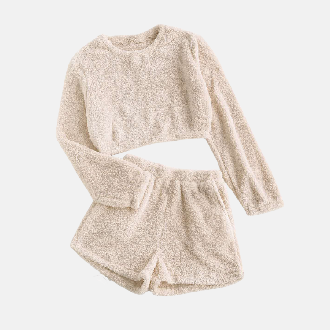 Women’s Two-Piece Loungewear Set – Textured Plush – Cropped Long Sleeve Top – High-Waisted Shorts