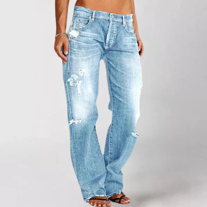 Women's Jeans - Relaxed Fit - Mid Waist - Distressed Details - Casual Streetwear