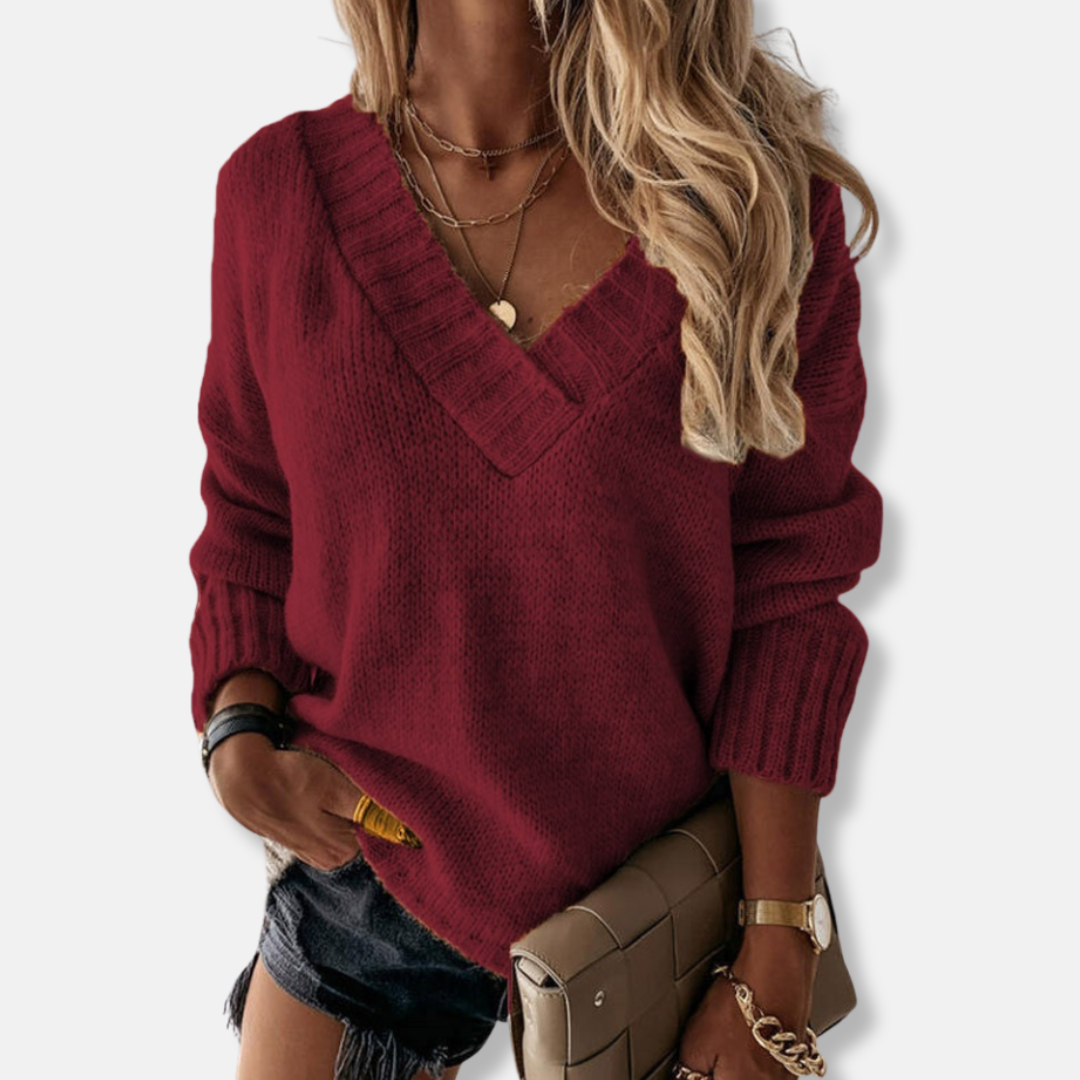 Women’s Knit Sweatshirt – Relaxed Fit – Deep V-Neck – Ribbed Hem – Long Sleeve