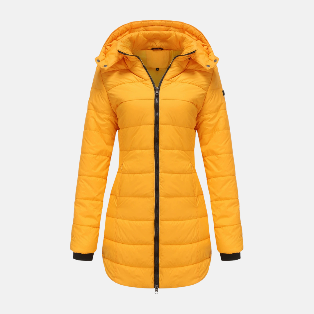 Women’s Puffer Jacket – Mid-Length Fit – Detachable Hood – Ribbed Cuffs – Quilted Warmth