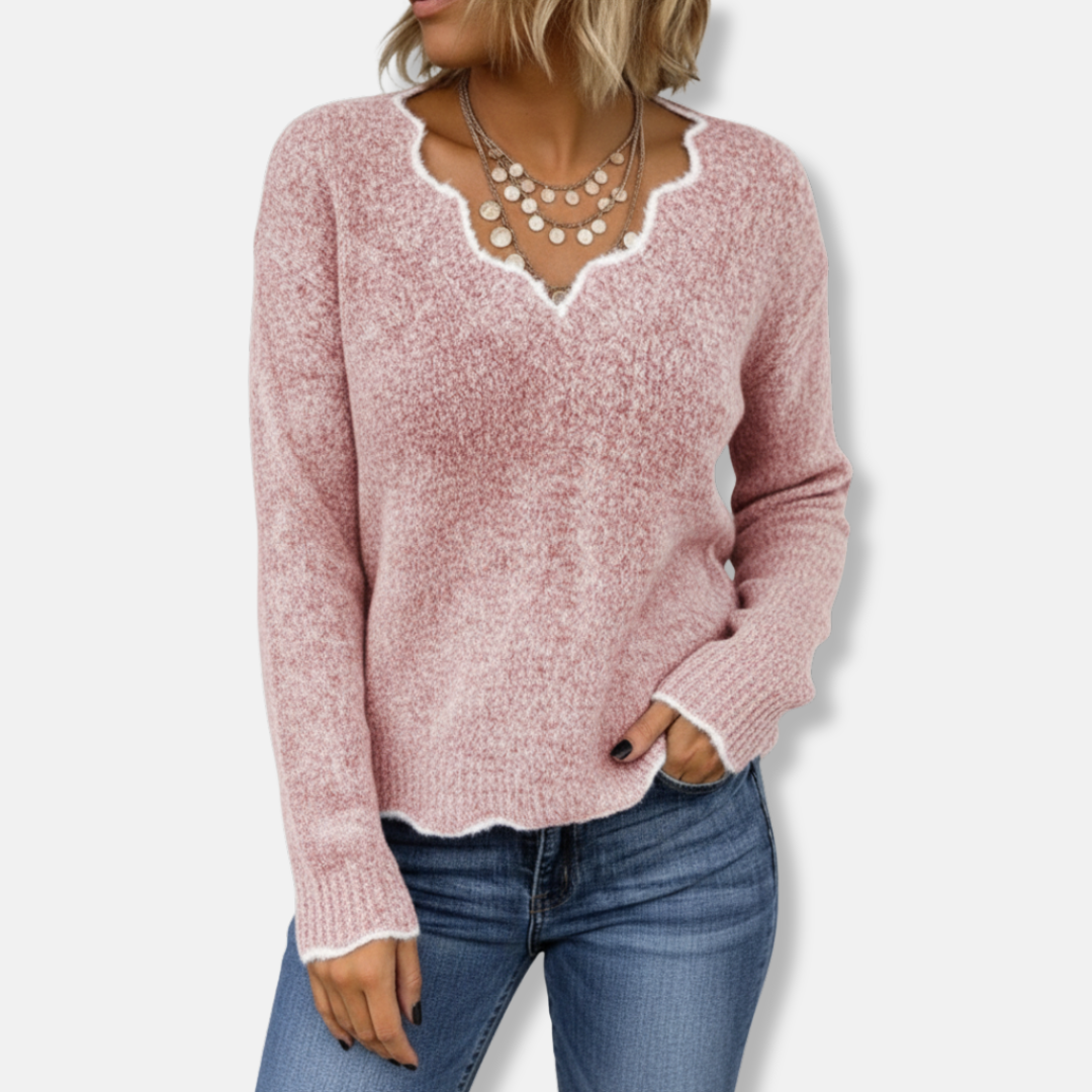 Women’s Sweater – Relaxed Fit – Wool Knit – Scalloped Neckline – Soft Casual Pullover