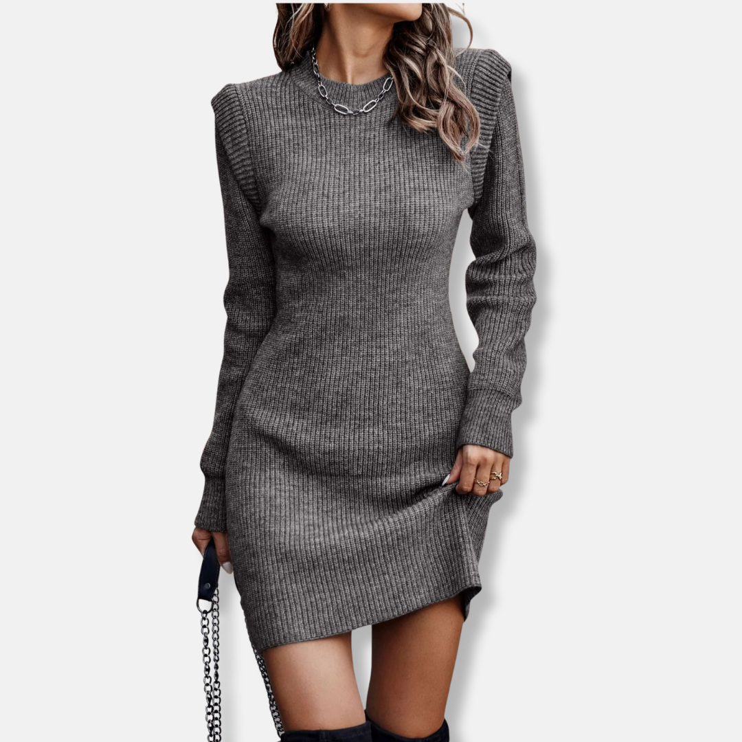 Women’s Dress - Ribbed Knit - Slim Fit - Long Sleeve Puff Shoulders - Mini Length