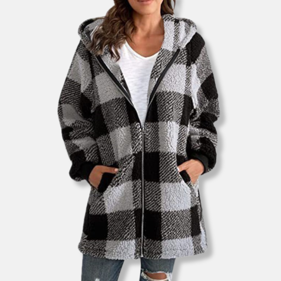 Women’s Hooded Jacket – Oversized Fit – Soft Knit – Full Zip – Long Length – Check Pattern