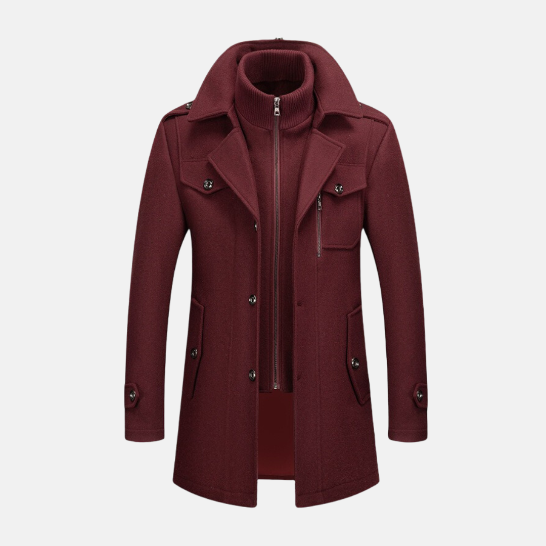 Men's Wool Blend Coat Slim Fit Mid-Thigh Length With Double Collar And Epaulet Detail