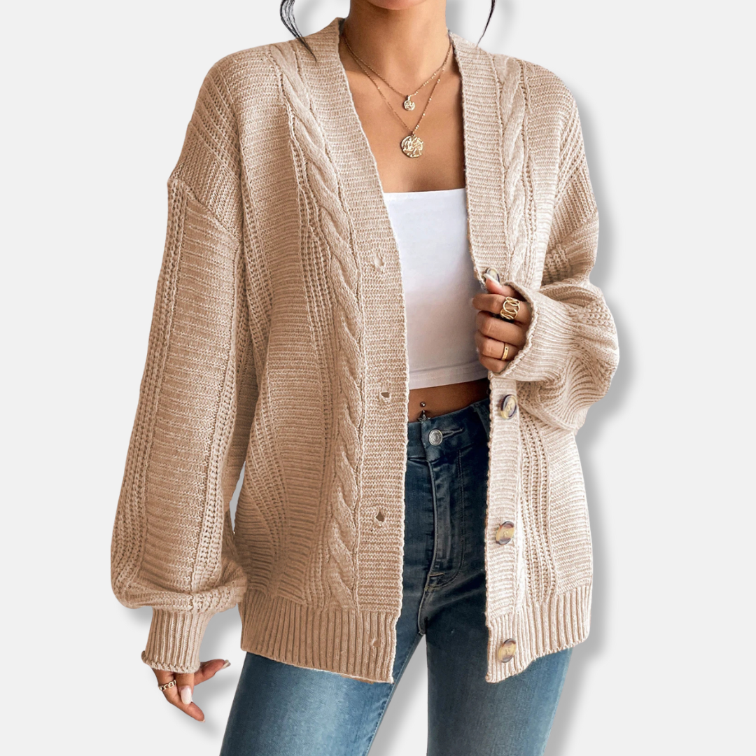 Women’s Cardigan – Wool Knit – Cable Pattern – Oversized Fit – Button Front