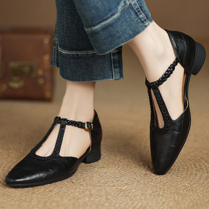 Women's T-Strap Pointed Toe Flats with Adjustable Strap and Classic Design