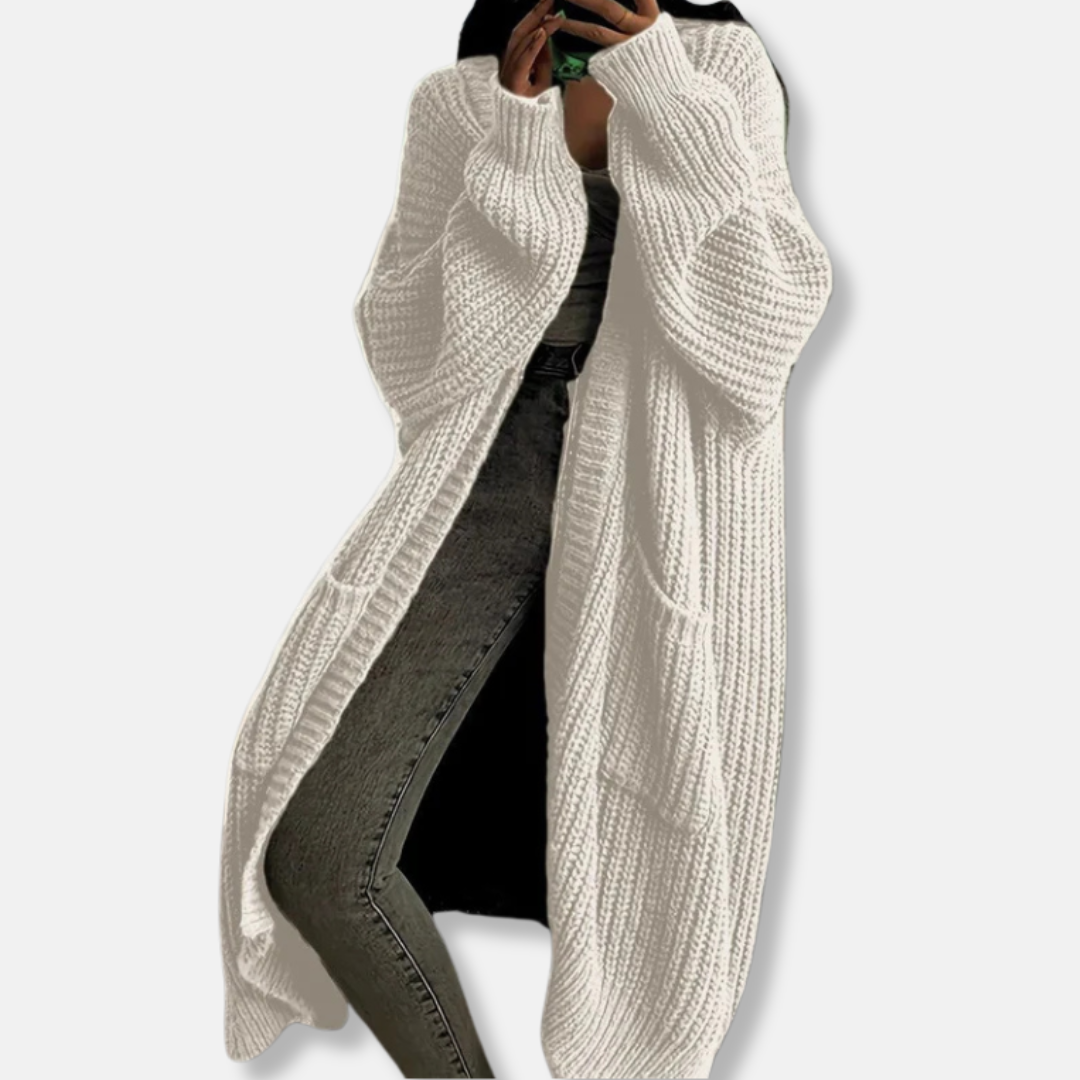 Women’s Cardigan - Ribbed Knit - Oversized Fit - Maxi Length - Open Front - Pockets