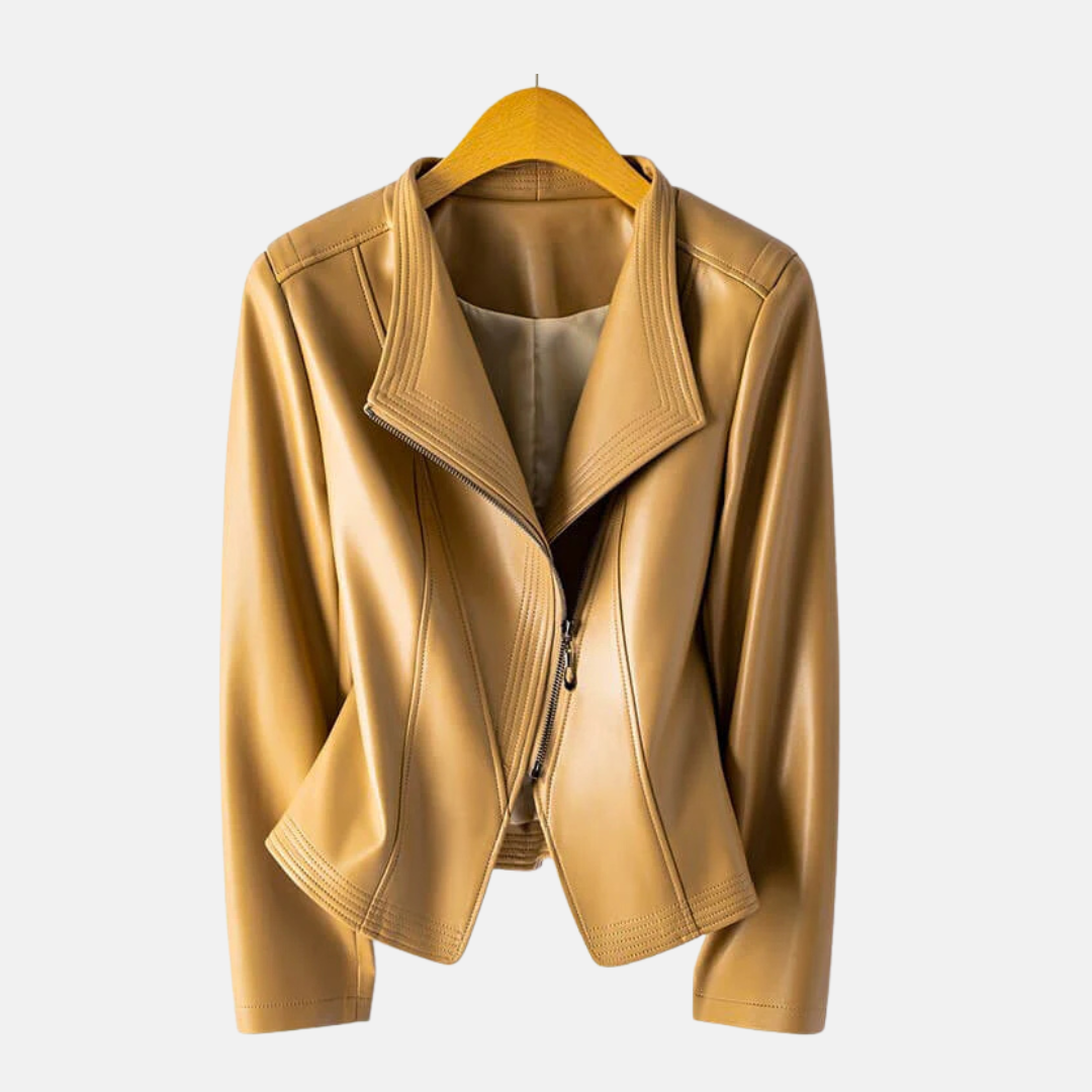 Women’s Jacket - Faux Leather - Cropped Length - Stand Collar - Asymmetrical Zipper