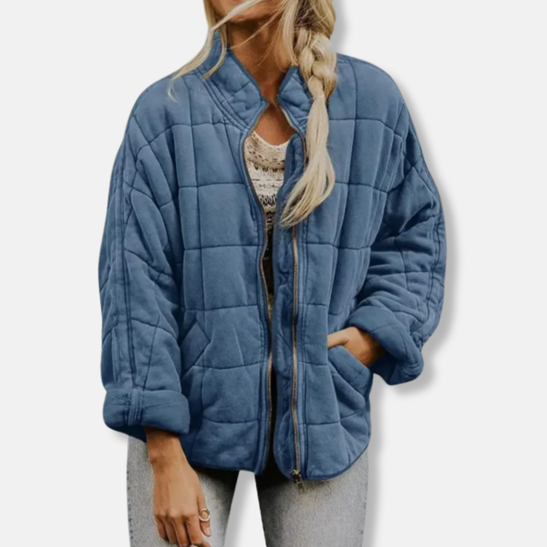 Women’s Quilted Coat – Oversized Relaxed Fit – Stand Collar – Full Zip – Hip Length