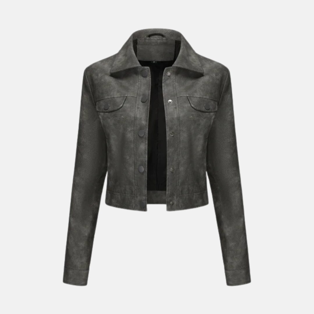 Women’s Cropped Jacket – Structured Fit – Woven Texture – Snap Front – Point Collar