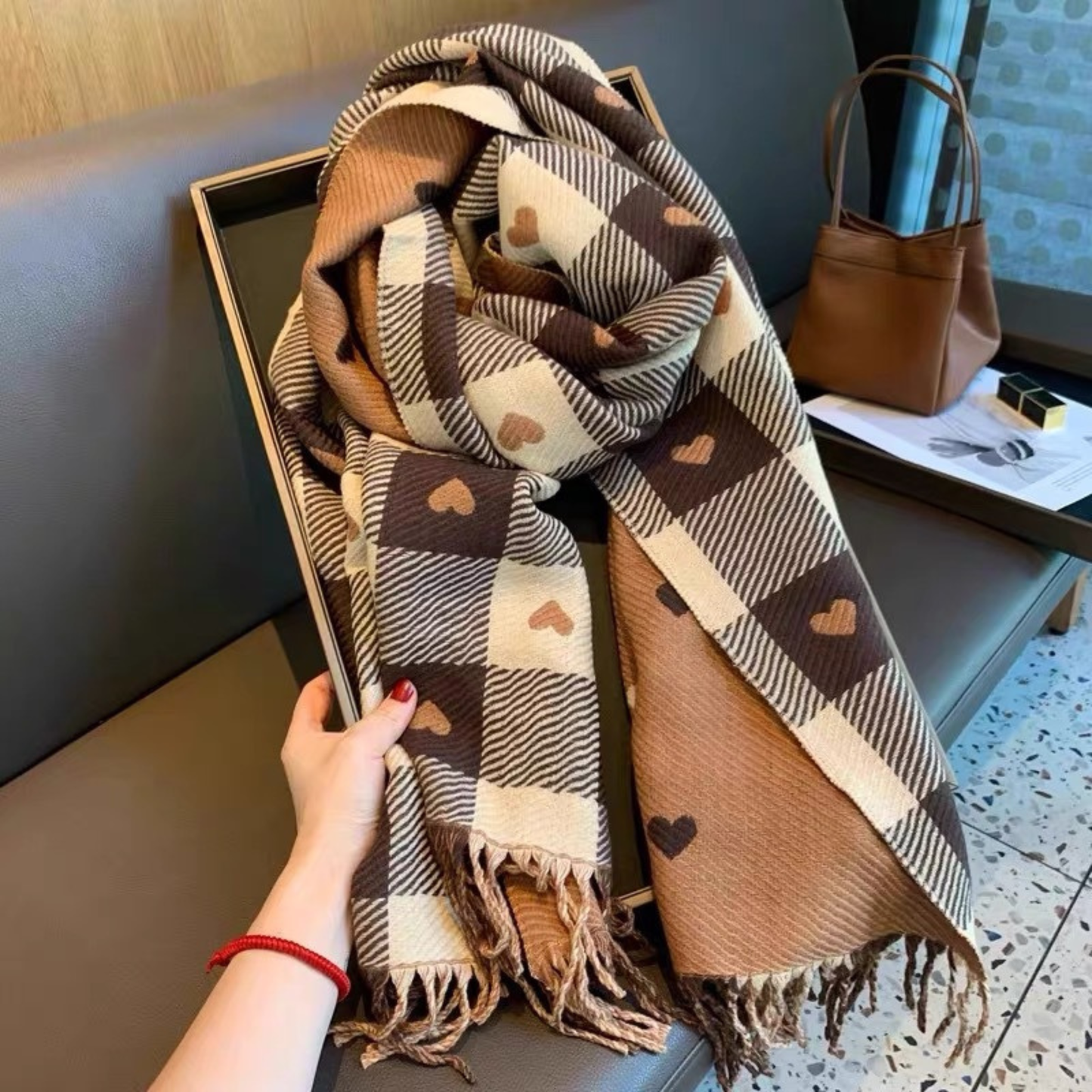Women's Warm Plaid Scarf with Double-Sided Design and Tassels